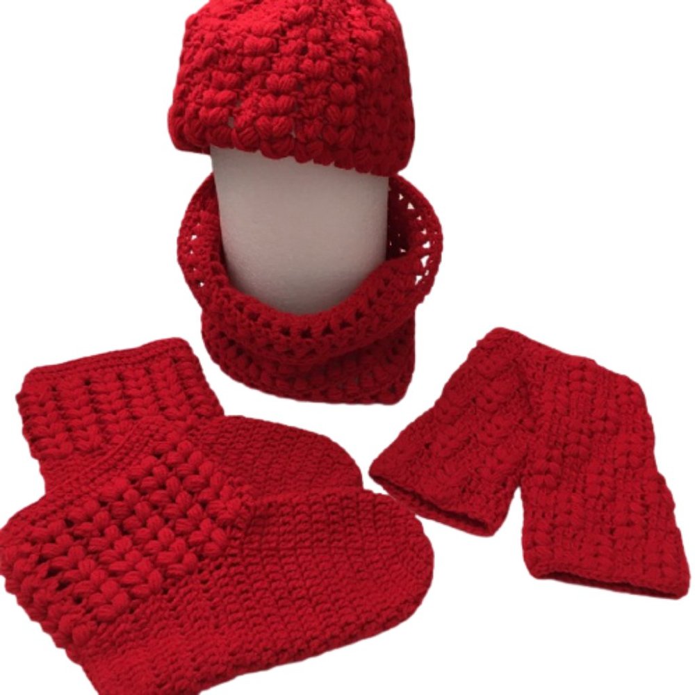 4Pcs Knit Beanie Hat Scarf Glove Slippers Set